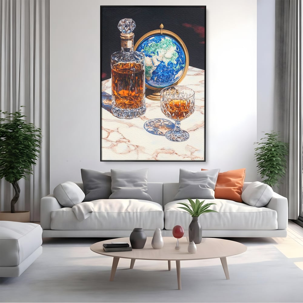 Tablou canvas cu tablou canvas cu sticla de whisky si glob pamantesc, in rama de aluminiu negru, pe perete intr-un living